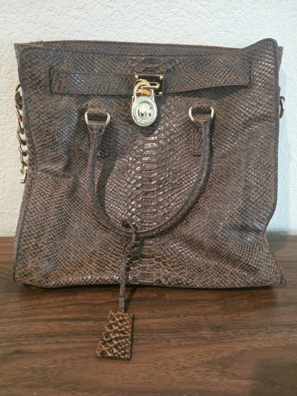 Michael Kors Hamilton Python Snakeskin Embossed Leather Tote Brown Gold Chain